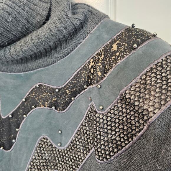 Vintage 80s Sweater Womens Medium Gray Patchwork Dolman Sleeve Textured Glam - Picture 4 of 11